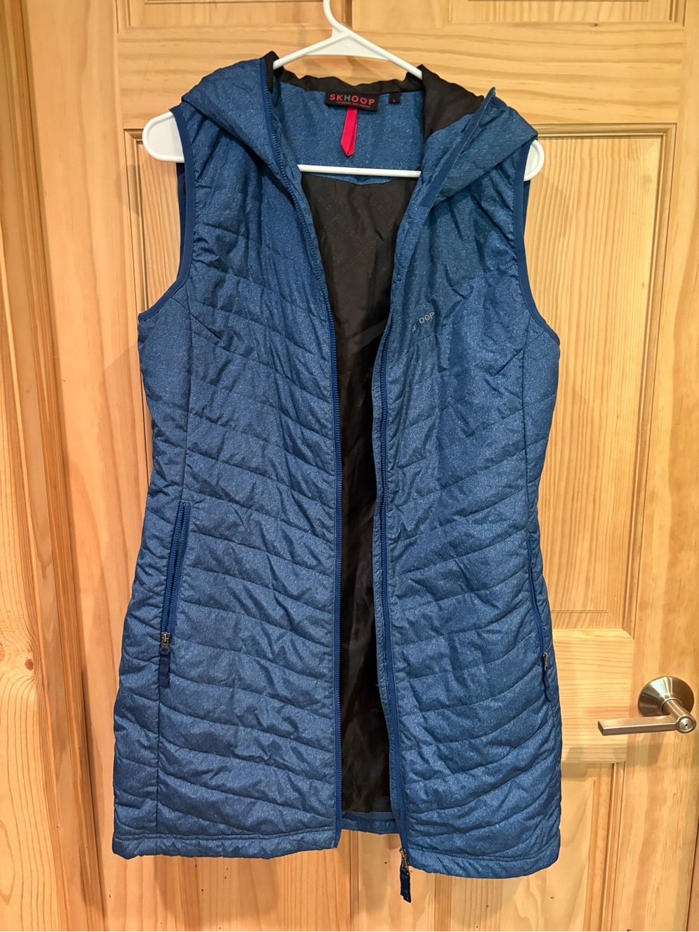 Skhoop Women's Hooded Quilted Long Vest in Navy Blue
